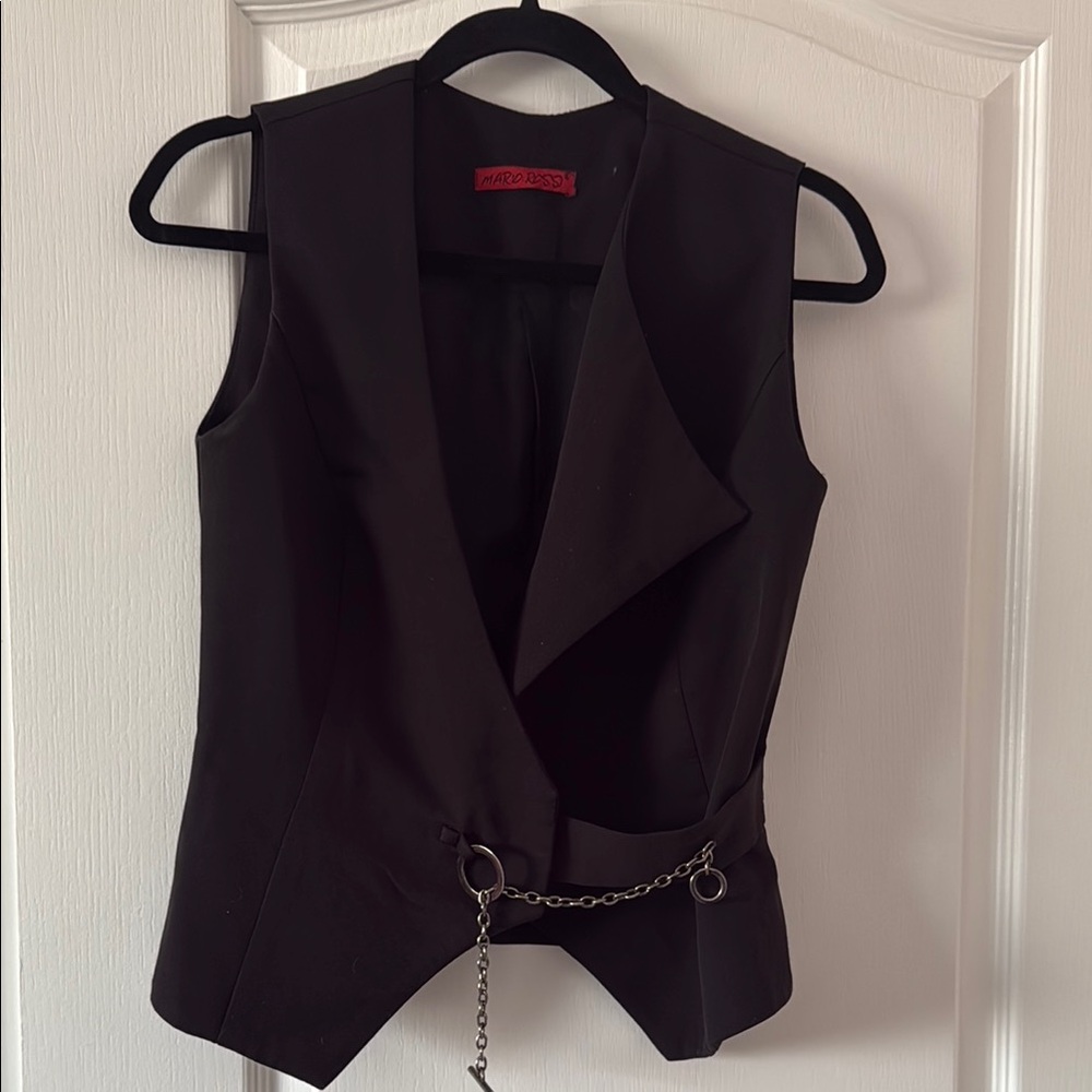 Mario Rossi Black Vest with Deep V-Neck and Adjustable Waist With Chain